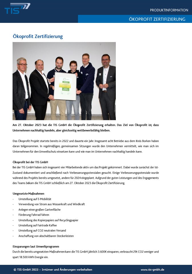 Pressemitteilung Ökoprofit Zertifizierung | TIS GmbH